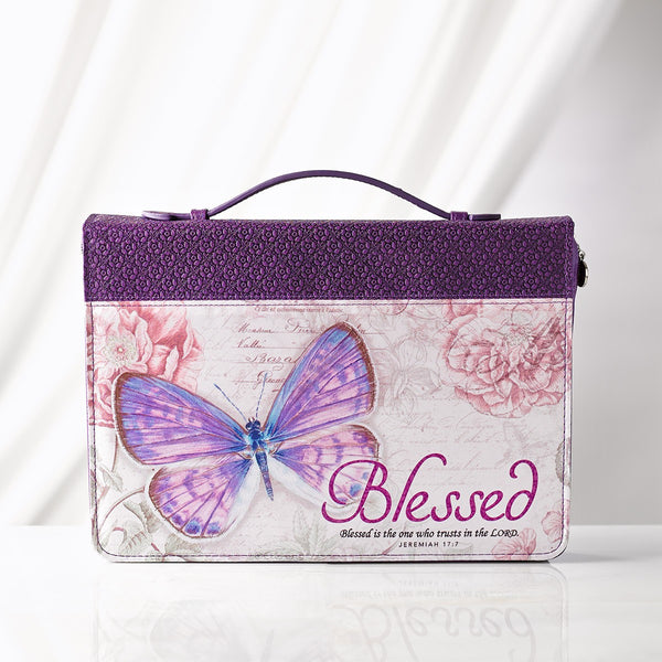 Blessed Purple Butterfly Blessings Faux Leather Fashion Bible Cover - Jeremiah 17:7