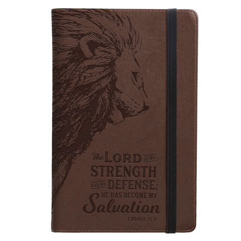 Strength and Defense Lion Walnut-Brown Faux Leather Hardcover Notebook with Elastic Band Closure - Exodus 15:2