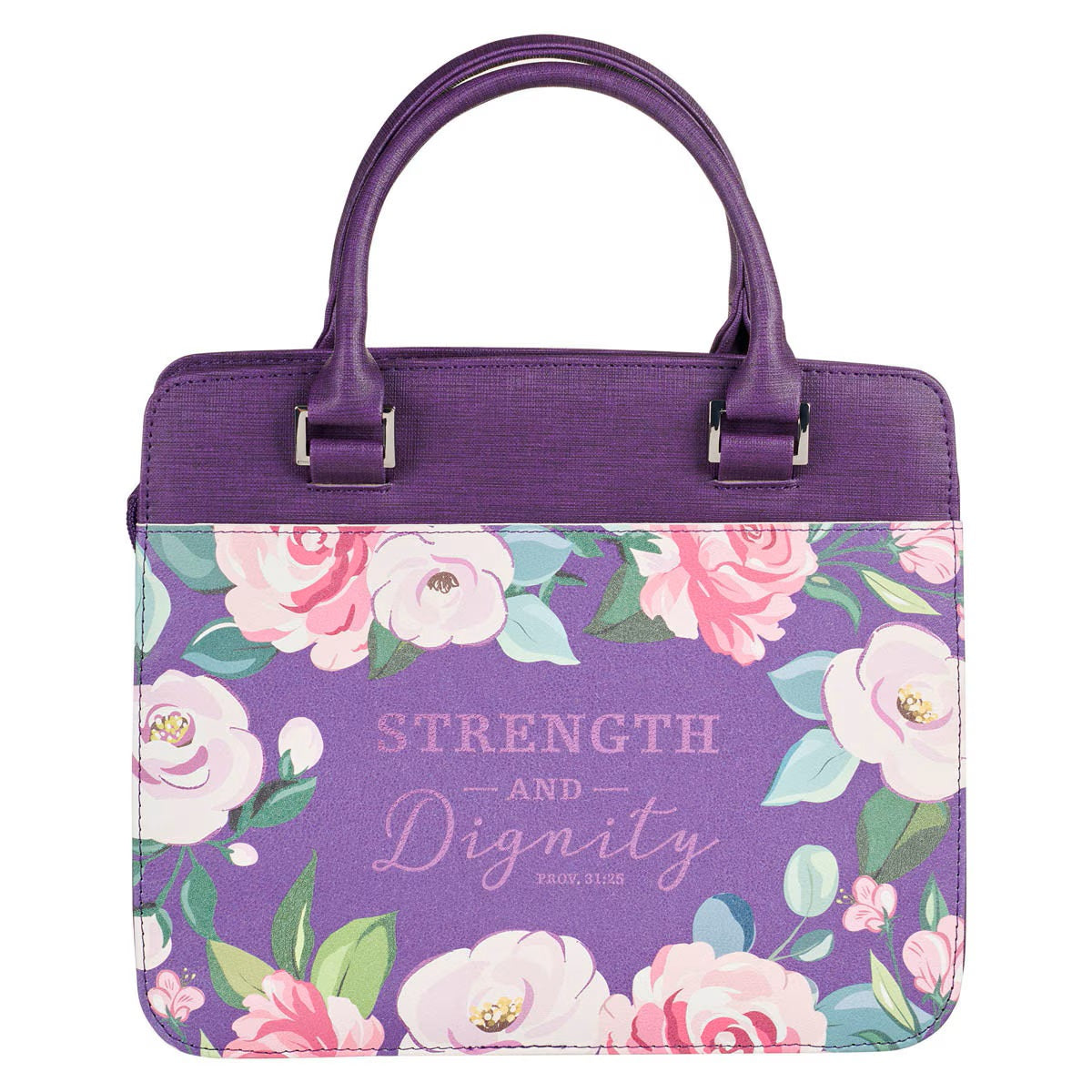 Strength and Dignity Purple Floral Purse-style Bible Cover - Proverbs 31:25