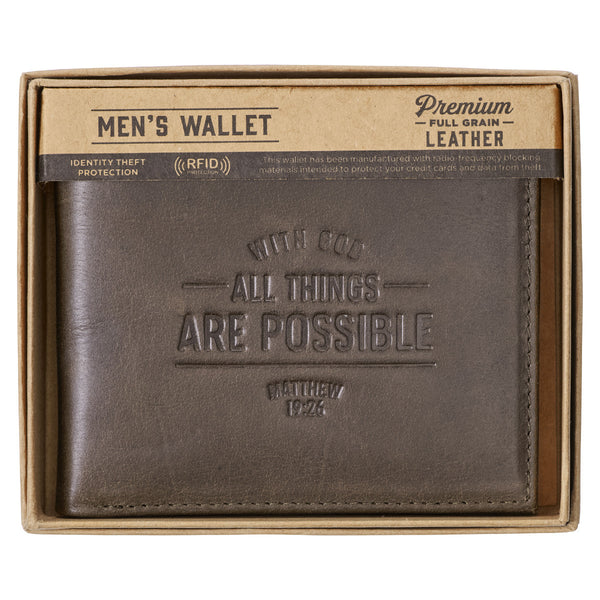 With God All Things Are Possible Brown Genuine Leather Wallet - Matthew 19:26