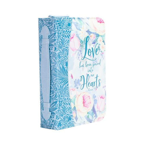 BIBLE COVER - BLUE FLORAL LOVE INTO HEARTS, ROMANS 5:5