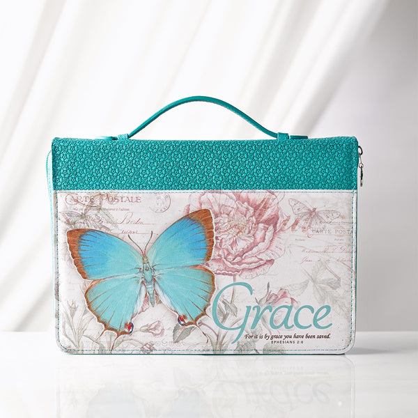 Grace Butterfly Blessings Teal Faux Leather Fashion Bible Cover - Ephesians 2:8