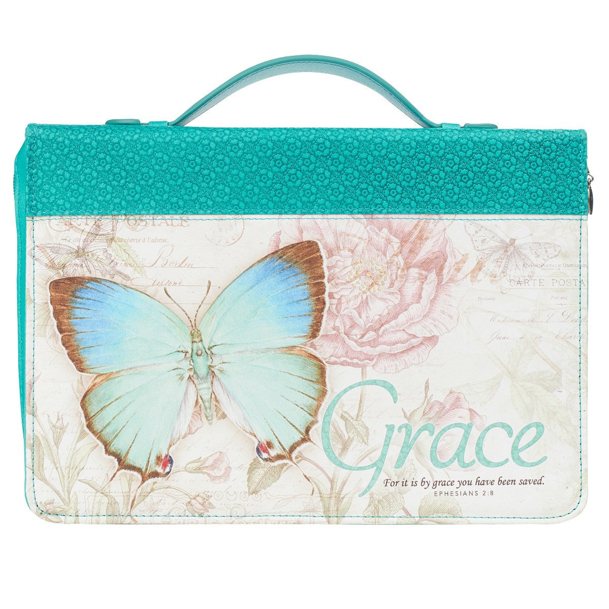 Grace Butterfly Blessings Teal Faux Leather Fashion Bible Cover - Ephesians 2:8