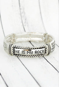 He is My Rock Silver Antique Stretch Bracelet - Psalm 62:1-2