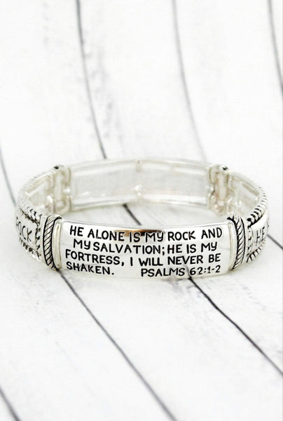 He is My Rock Silver Antique Stretch Bracelet - Psalm 62:1-2