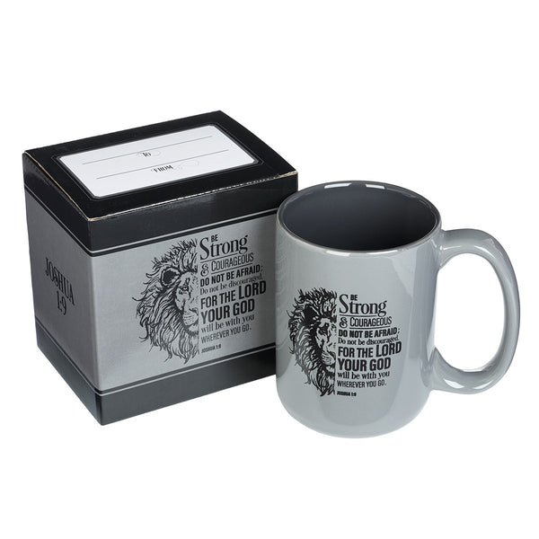 Be Strong Lion Gray Coffee Mug - Joshua 1:9