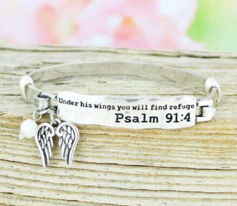Psalm 91:4 Under His Wing You Will Find Refuge Silver Bracelet